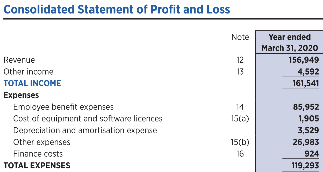 A section of the Profit & Loss Statement of TCS for the financial year 2020